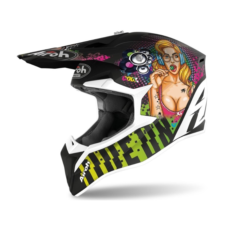 Motokros čelada Airoh Wraap Pin Up črno-zeleno-rožnata