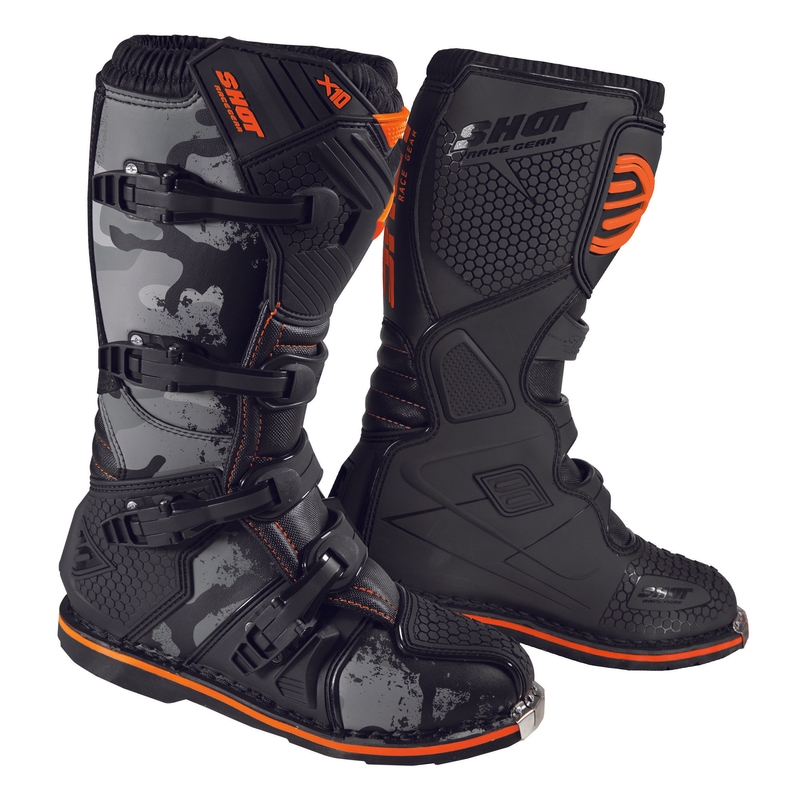 Shot X10 2.0 black-camo-fluo orange motoristični škornji