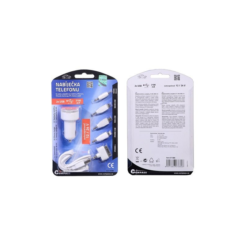 Polnilec za telefon 12V 2,1A (iPhone 4/5/6, micro USB, Nokia)