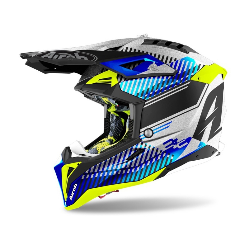 Motokros čelada Airoh Aviator 3.0 Wave 2022 bela-modra-fluo rumena razprodaja