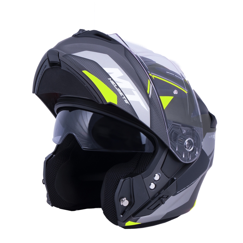 MT Storm ST-ONE črno-sivo-fluo rumena motoristična čelada s tipom navzgor razprodaja
