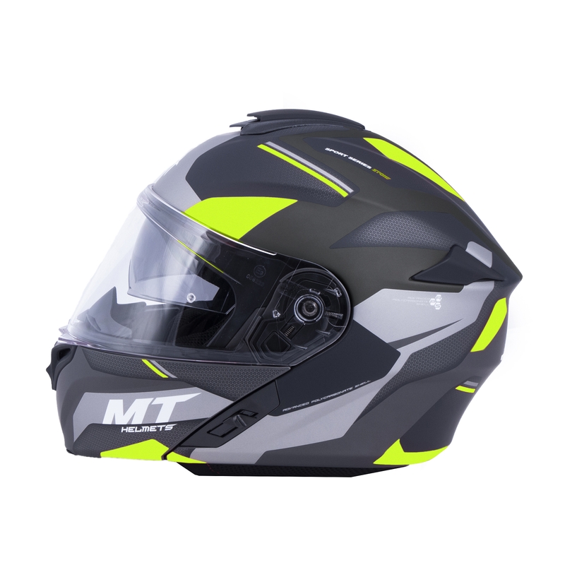 MT Storm ST-ONE črno-sivo-fluo rumena motoristična čelada s tipom navzgor razprodaja