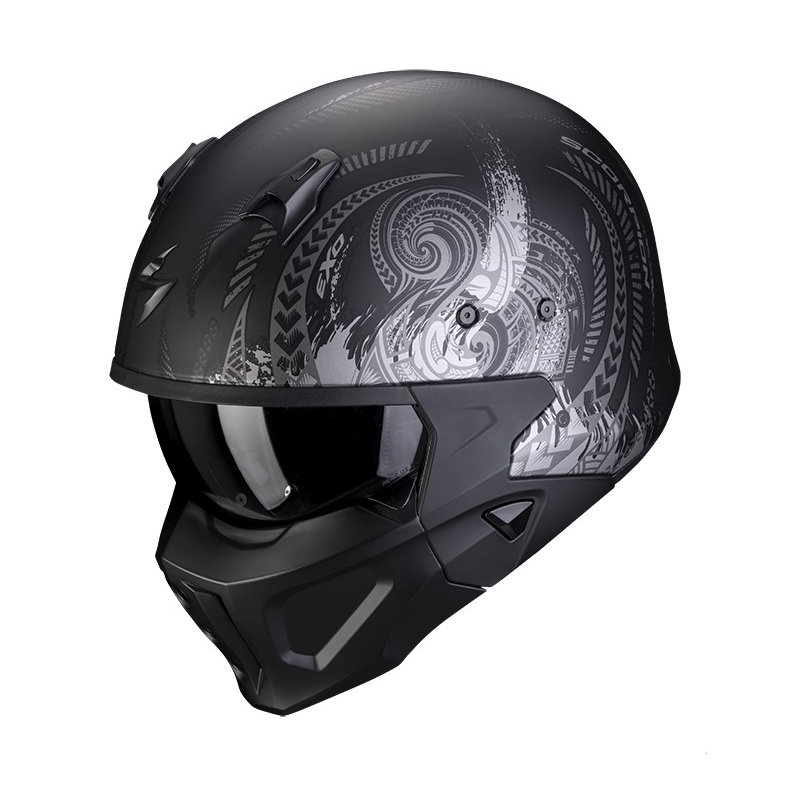 Odprta čelada z masko SCORPION COVERT-X TATTOO mat črno-srebrna