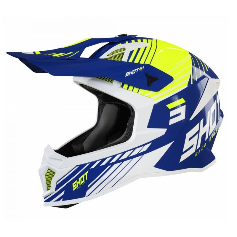 Motokros čelada Shot Lite Fury bela-modra-fluo rumena razprodaja