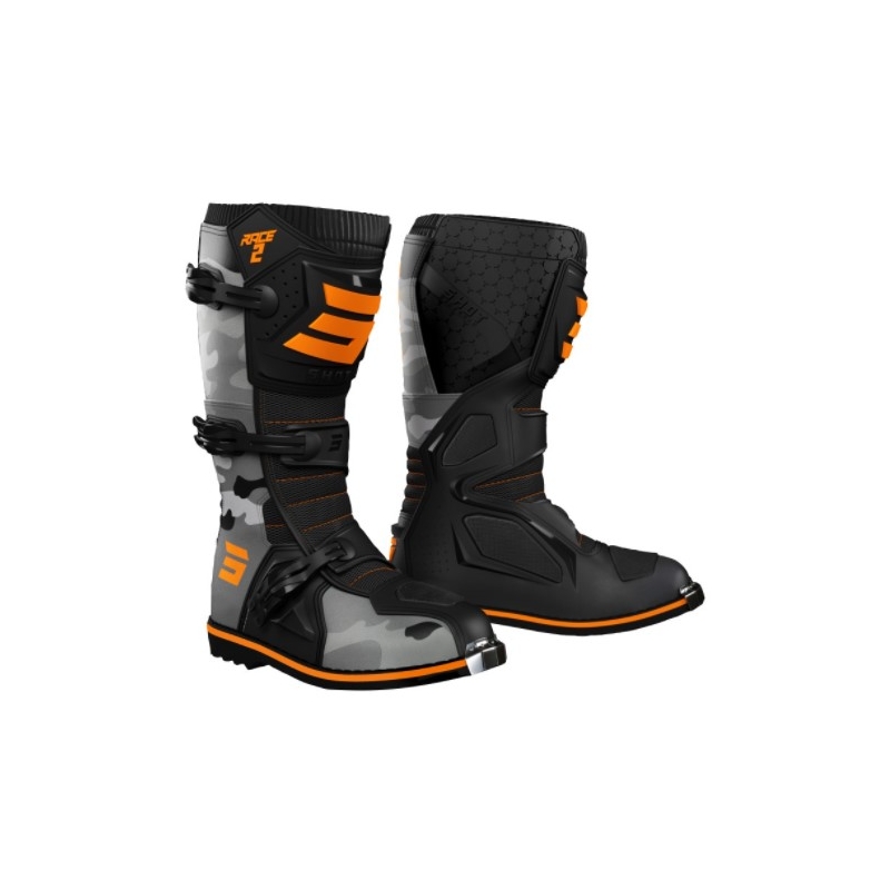 Shot Race 2 črno-kamufanski-fluo oranžni motoristični škornji