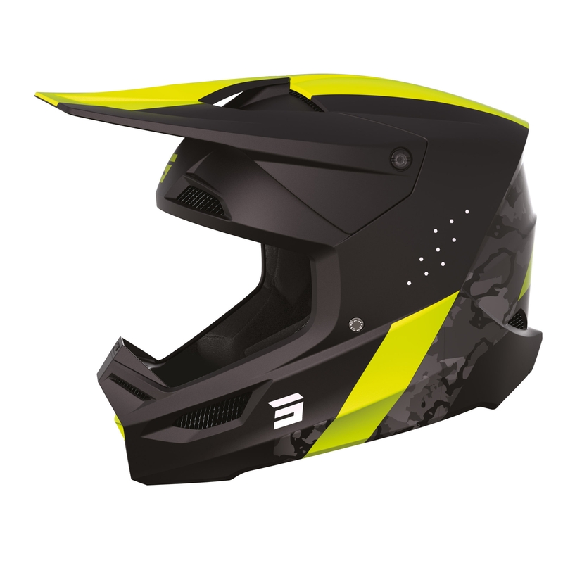 Motokros čelada Shot Race Camo črna-siva-fluo rumena razprodaja