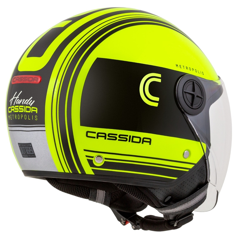 Cassida Handy Metropolis Safety fluo rumeno-črno-odsevna siva odprta motoristična čelada