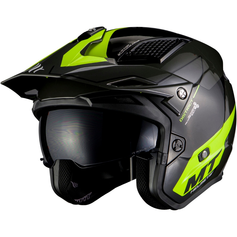 MT District SV Summit E3 open trials motoristična čelada black-fluo green