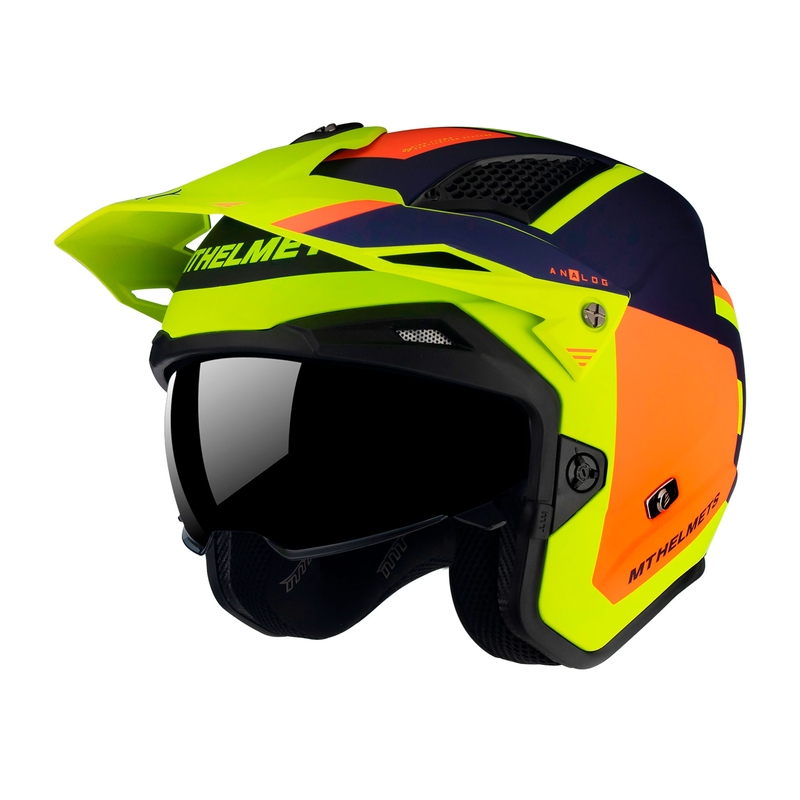 MT District SV Analog D27 modro-oranžno-fluo rumena motoristična čelada