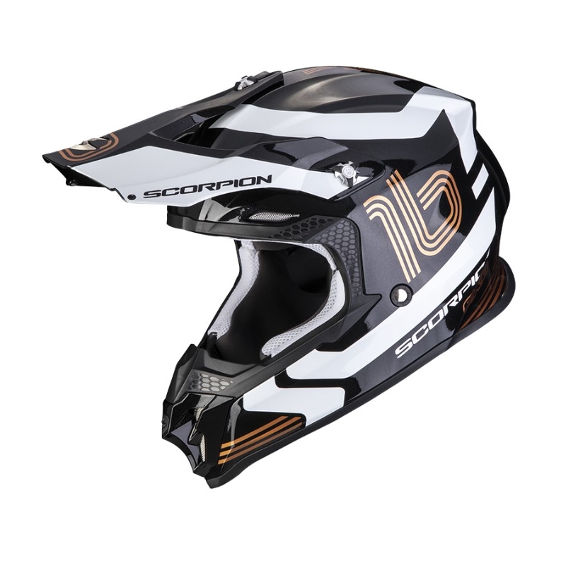 Motokros čelada Scorpion VX-16 EVO AIR TUB črno-bela-zlata kovinska