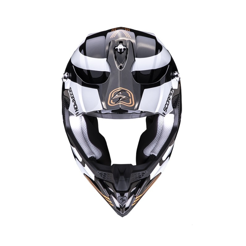 Motokros čelada Scorpion VX-16 EVO AIR TUB črno-bela-zlata kovinska