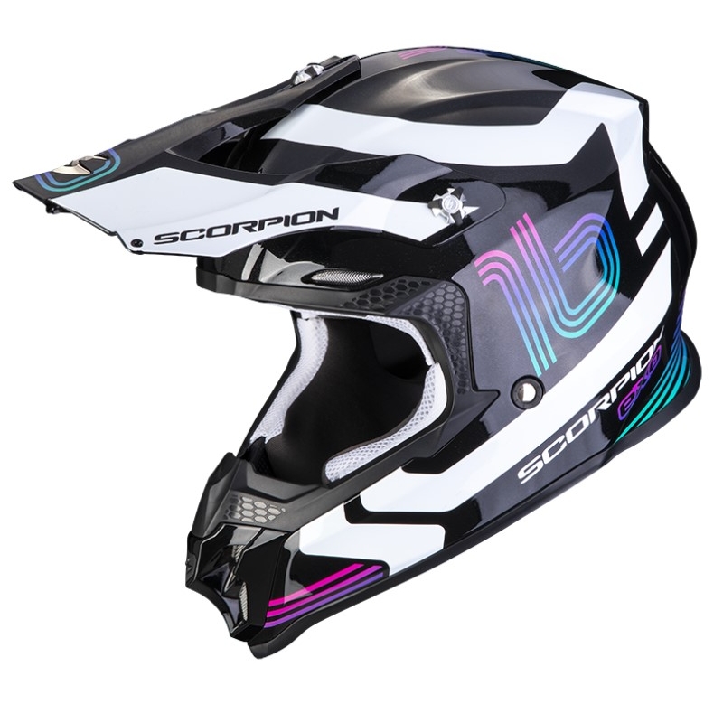 Motokros čelada Scorpion VX-16 EVO AIR TUB črno-bela-rožnata kovinska