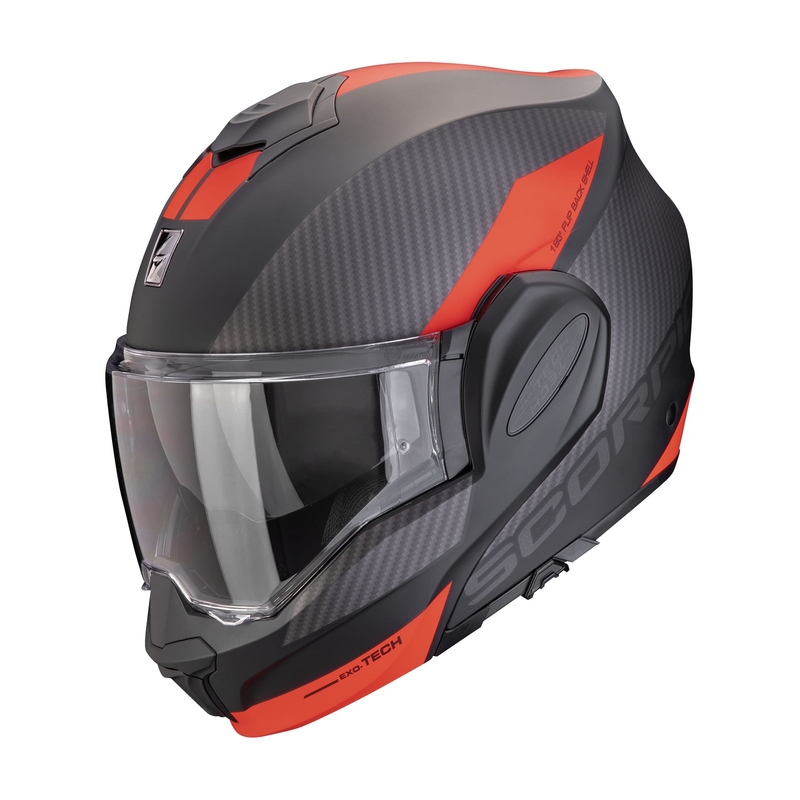 Odklopna motoristična čelada Scorpion EXO-TECH EVO TEAM mat črna-srebrna-rdeča
