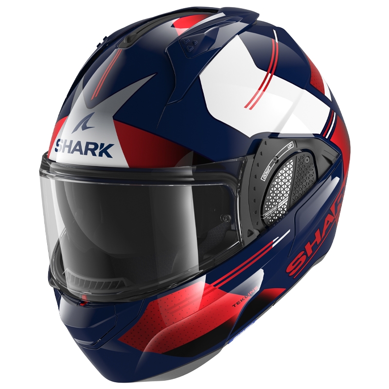 SHARK EVO-GT Tekline modro-bela-rdeča čelada s prevračanjem
