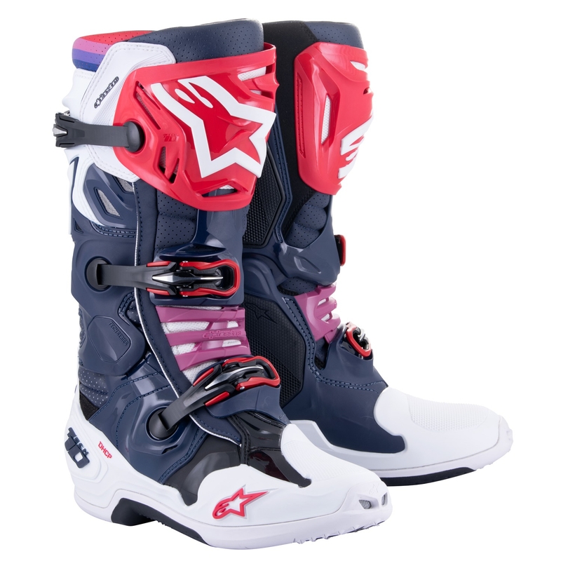 Alpinestars Tech 10 Supervented perforirani motoristični škornji temno modro-belo-rdeče-vijolični