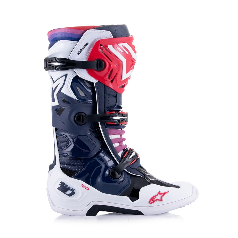 Alpinestars Tech 10 Supervented perforirani motoristični škornji temno modro-belo-rdeče-vijolični