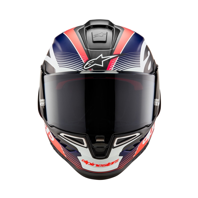 Celoobrazna motoristična čelada Alpinestars Supertech R-10 Team karbonska fluo rdeče-modro-bela mat