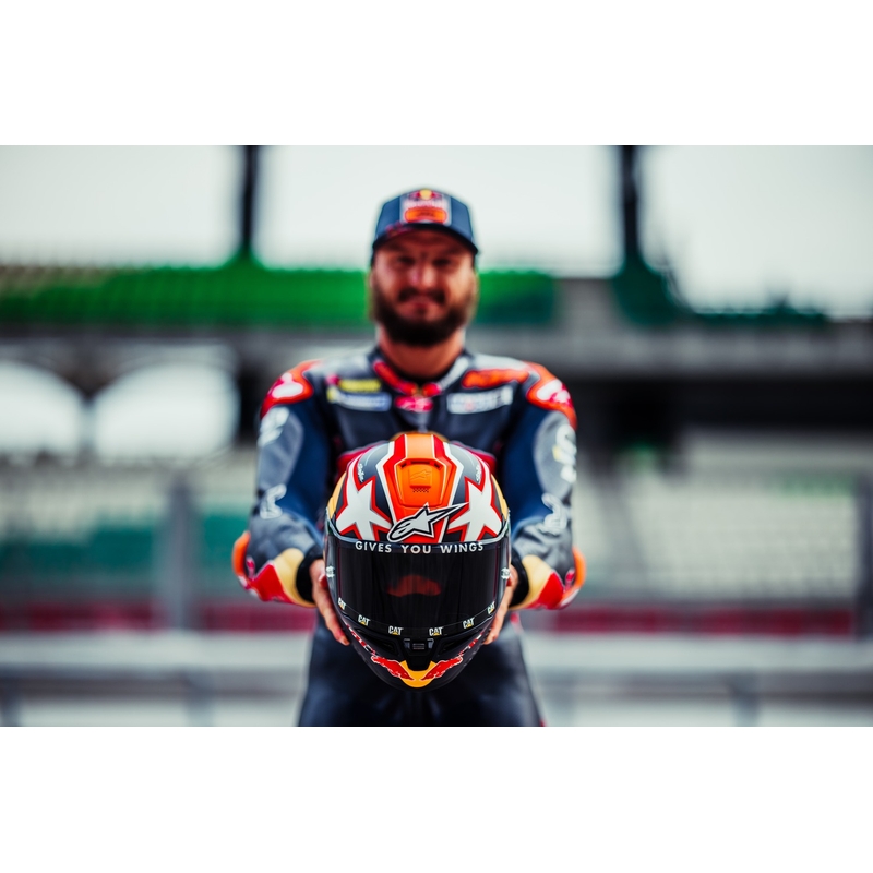 Celoobrazna motoristična čelada Alpinestars Supertech R-10 Team karbonska fluo rdeče-modro-bela mat
