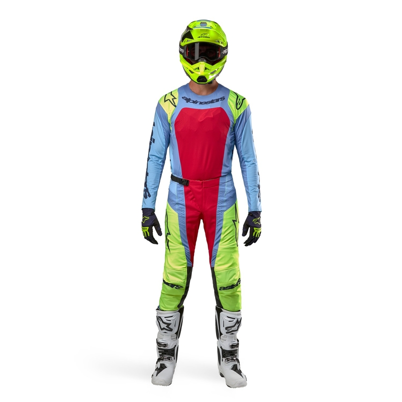 Motokros hlače Alpinestars Techstar Ocuri svetlo modro-fluo rumeno-rdeče