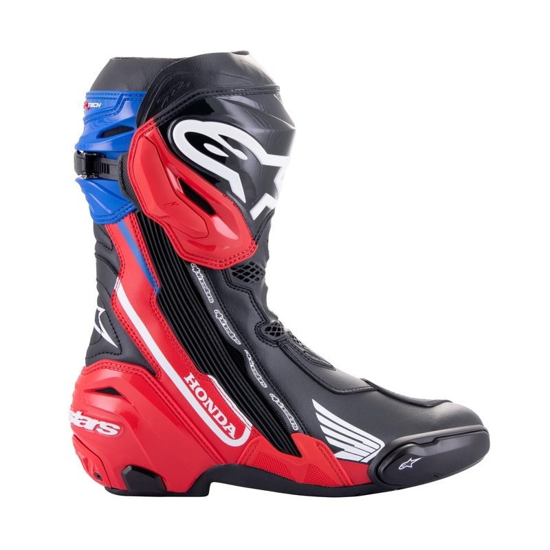 Moto škornji Alpinestars Supertech R Honda črno-rdeči fluo-modro-beli