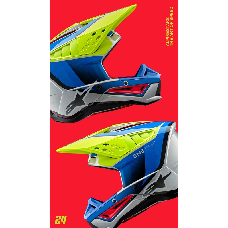 Motokros čelada Alpinestars S-M5 Sail fluo rumeno-modra-srebrna