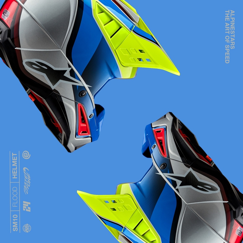 Motokros čelada Alpinestars S-M5 Sail fluo rumeno-modra-srebrna