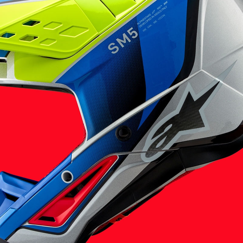 Motokros čelada Alpinestars S-M5 Sail fluo rumeno-modra-srebrna