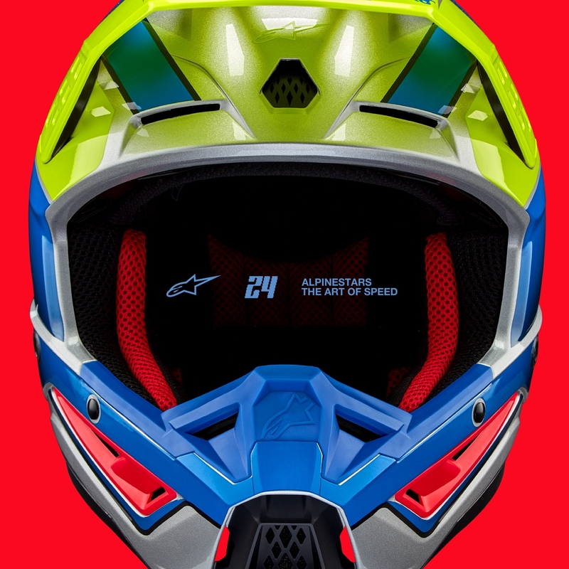 Motokros čelada Alpinestars S-M5 Sail fluo rumeno-modra-srebrna