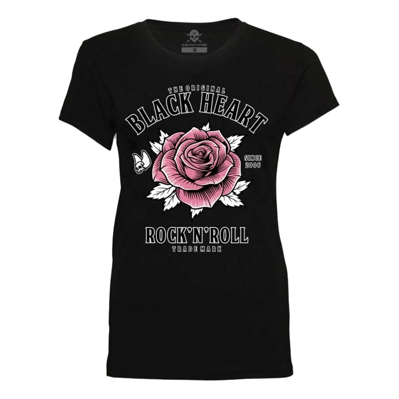Črna ženska majica s kratkimi rokavi Black Heart Rock N Roll Rose