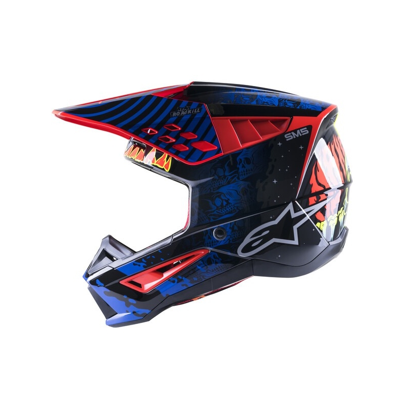 Alpinestars S-M5 Solar Flare motokros čelada črna-modra-fluo rdeča-fluo rumena razprodaja