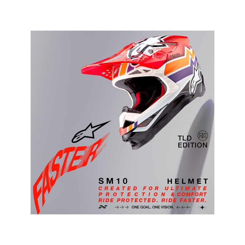 Alpinestars Supertech S-M10 motokros čelada Troy Lee Designs Edition oranžno-rumena-vijolično-bela črna