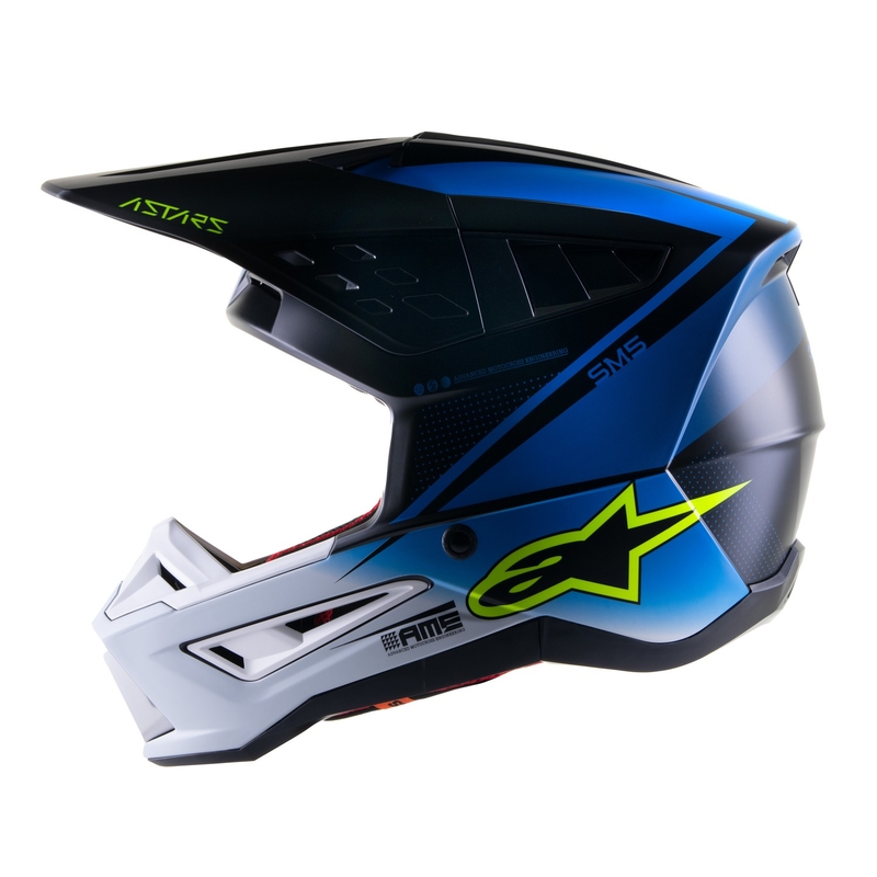 Motokros čelada Alpinestars S-M5 Rayon modra-fluo rumeno-belo-črna mat