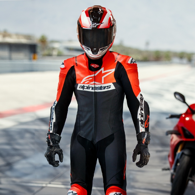 Alpinestars Missile 2 Ward usnjena motoristična obleka črno-fluo rdeče-bela