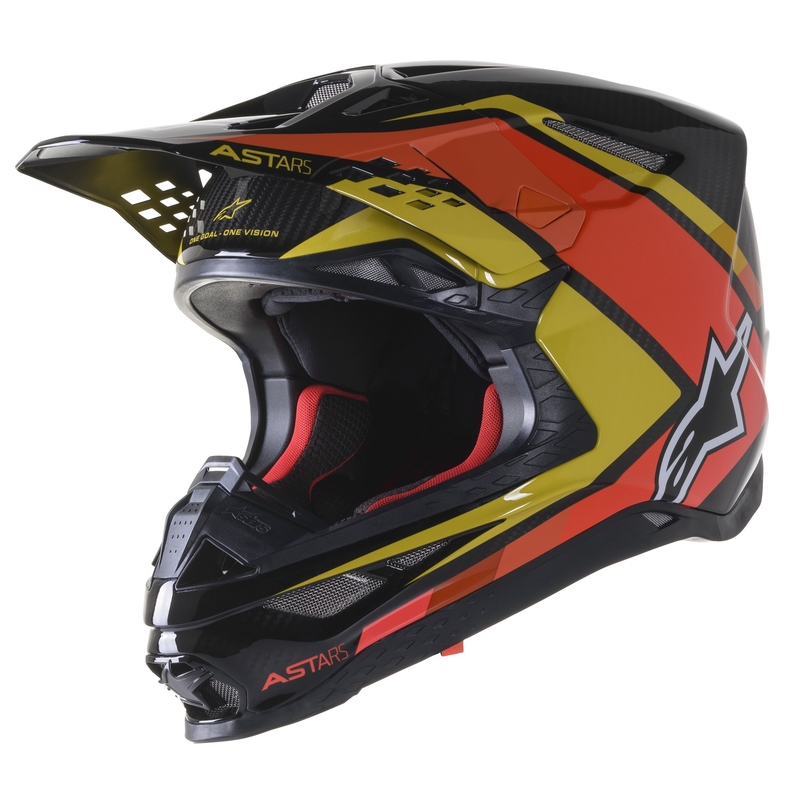 Alpinestars S-M10 Carbon Meta2 motokros čelada črno-rumeno-oranžna sijajna