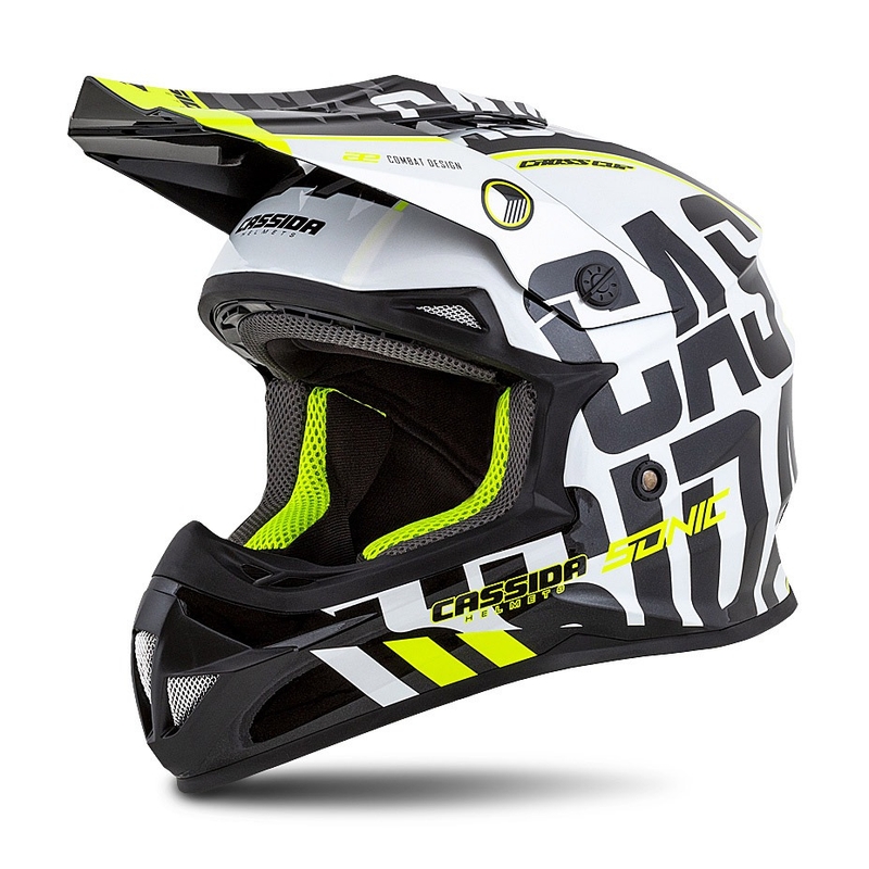 Dětská motokrosová helma Cassida Cross Cup Sonic Junior černo-bílo-fluo žluto-šedá