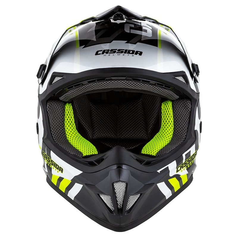 Dětská motokrosová helma Cassida Cross Cup Sonic Junior černo-bílo-fluo žluto-šedá