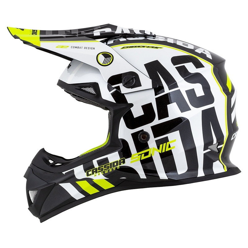Dětská motokrosová helma Cassida Cross Cup Sonic Junior černo-bílo-fluo žluto-šedá