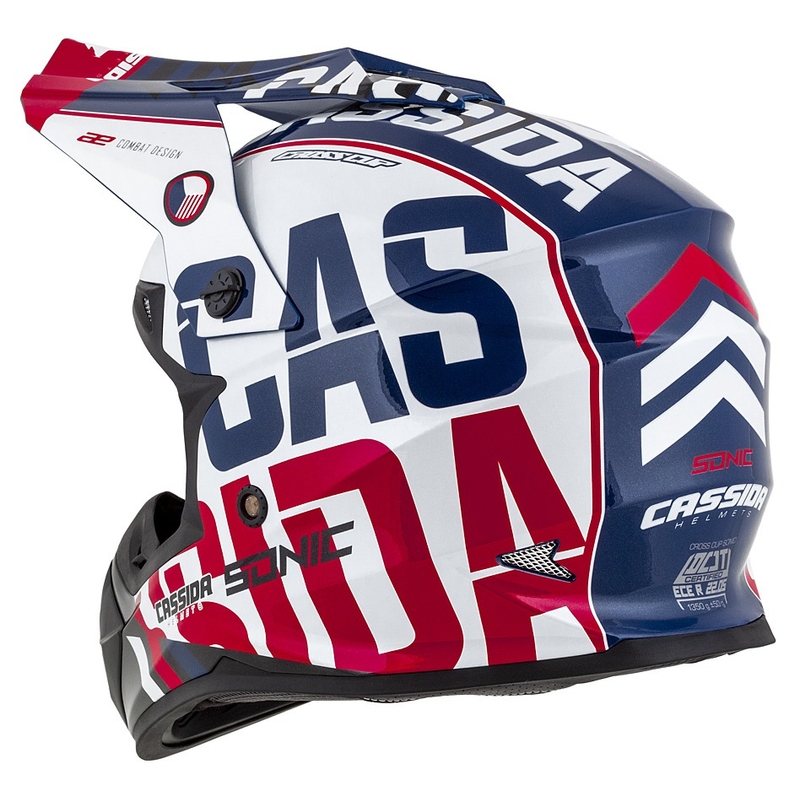 Otroška motokros čelada Cassida Cross Cup Sonic Junior rdeča-modra-bela-črna