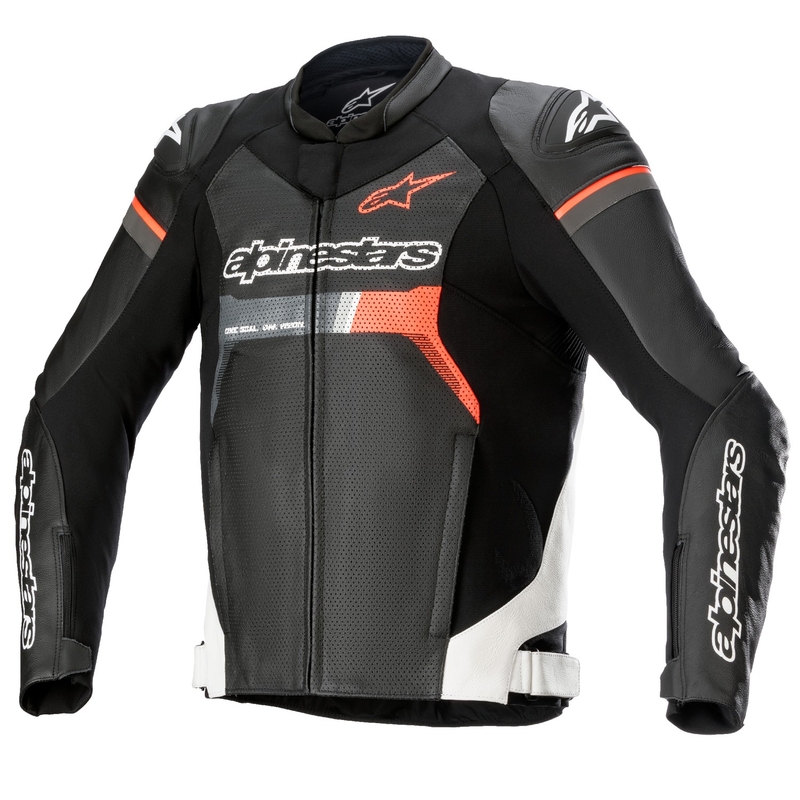 Usnjena motoristična jakna Alpinestars GP Force Airflow črno-belo-fluo rdeča