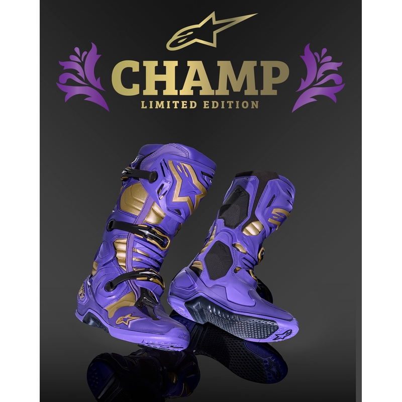 Vijolično-zlati motoristični škornji Alpinestars Tech 10 Limited Edition Champ