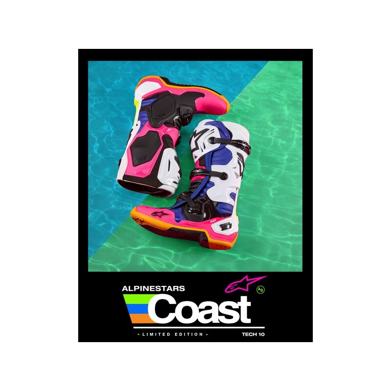 Motoristični škornji Alpinestars Tech 10 Limited Edition Coast White-Navy-Pink-Fluo Yellow-Orange-Black