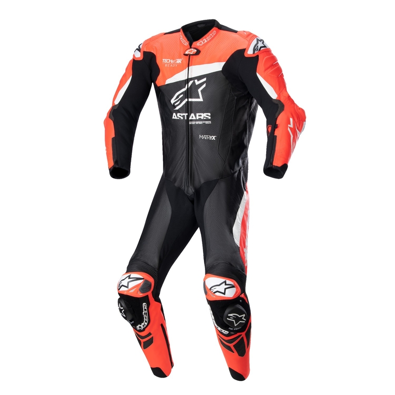 Alpinestars GP Plus 4 TECH-AIR kompatibilna enodelna usnjena obleka črno-fluo rdeče-bela razprodaja