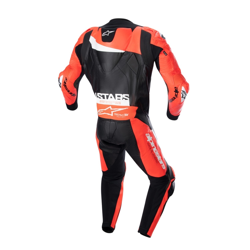 Alpinestars GP Plus 4 TECH-AIR kompatibilna enodelna usnjena obleka črno-fluo rdeče-bela razprodaja