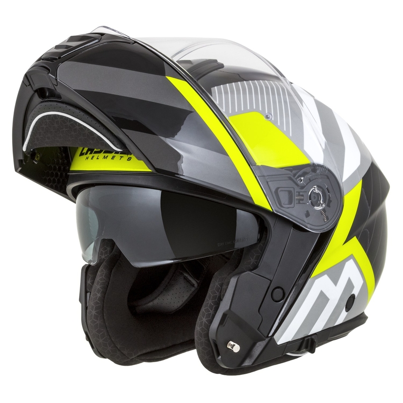 Motoristična čelada na preklop Cassida Modulo 2.1 Profil bela-črna-fluo rumeno-siva