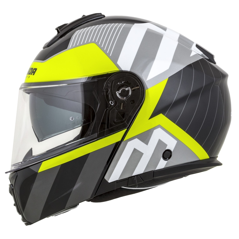 Motoristična čelada na preklop Cassida Modulo 2.1 Profil bela-črna-fluo rumeno-siva
