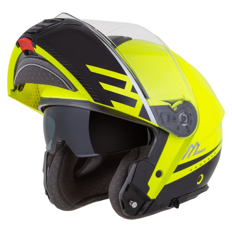 Motoristična čelada na preklop Cassida Modulo 2.1 Compass fluo rumena-črna-srebrna-rdeča