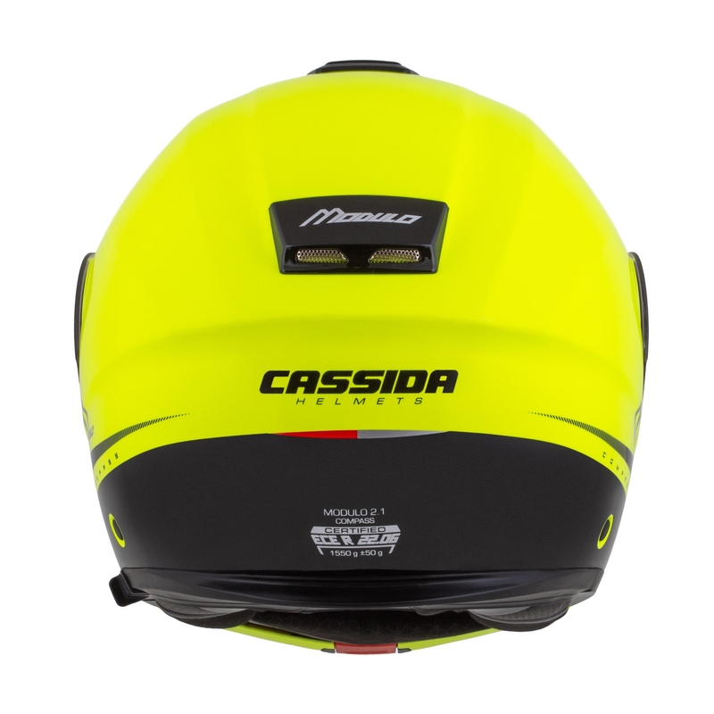 Motoristična čelada na preklop Cassida Modulo 2.1 Compass fluo rumena-črna-srebrna-rdeča