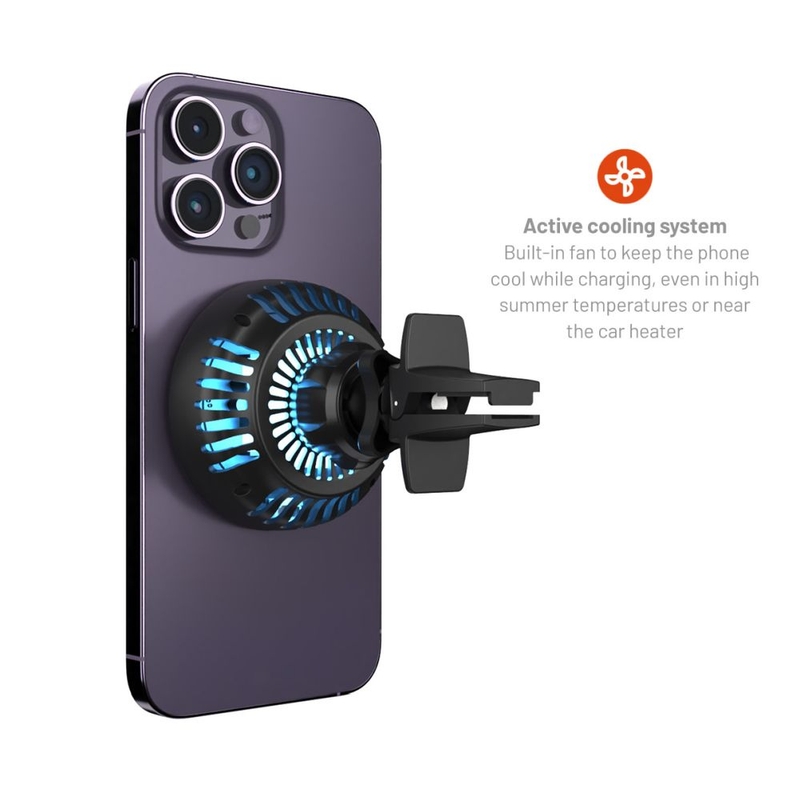 Nosilec z brezžičnim polnjenjem in aktivnim hlajenjem FIXED MagCool z nastavkom MagSafe črn 15W