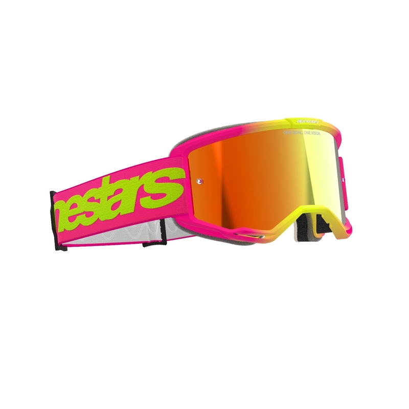 Alpinestars Vision 5 Wordmark motokros očala roza-fluo rumena z zrcalnim rdečim pleksi steklom