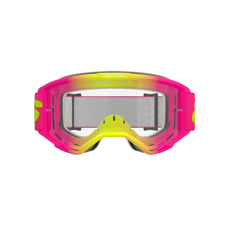 Motokros očala Alpinestars Vision 5 Wordmark roza-fluo rumena s prozornim pleksi steklom